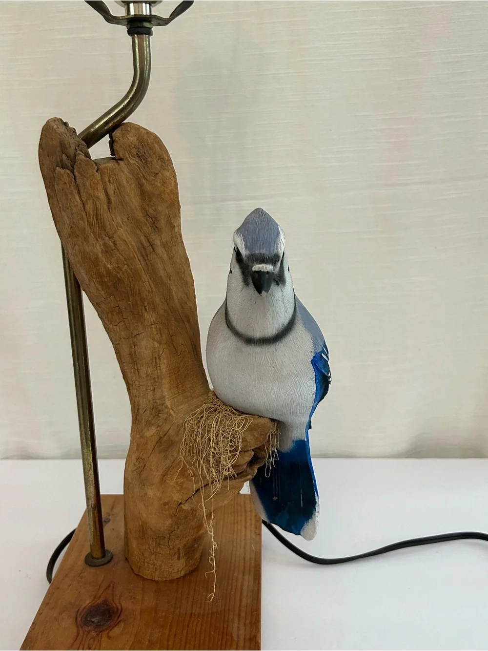 Likely Vintage Driftwood and Bluebird Maximalist Statue Working Lamp